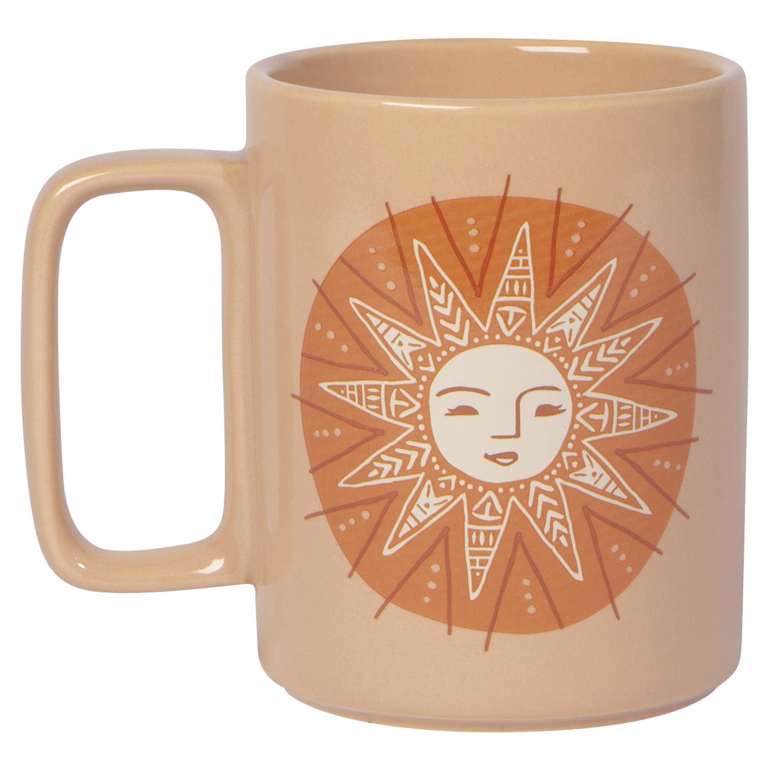 Beige mug with a sun design on a white background