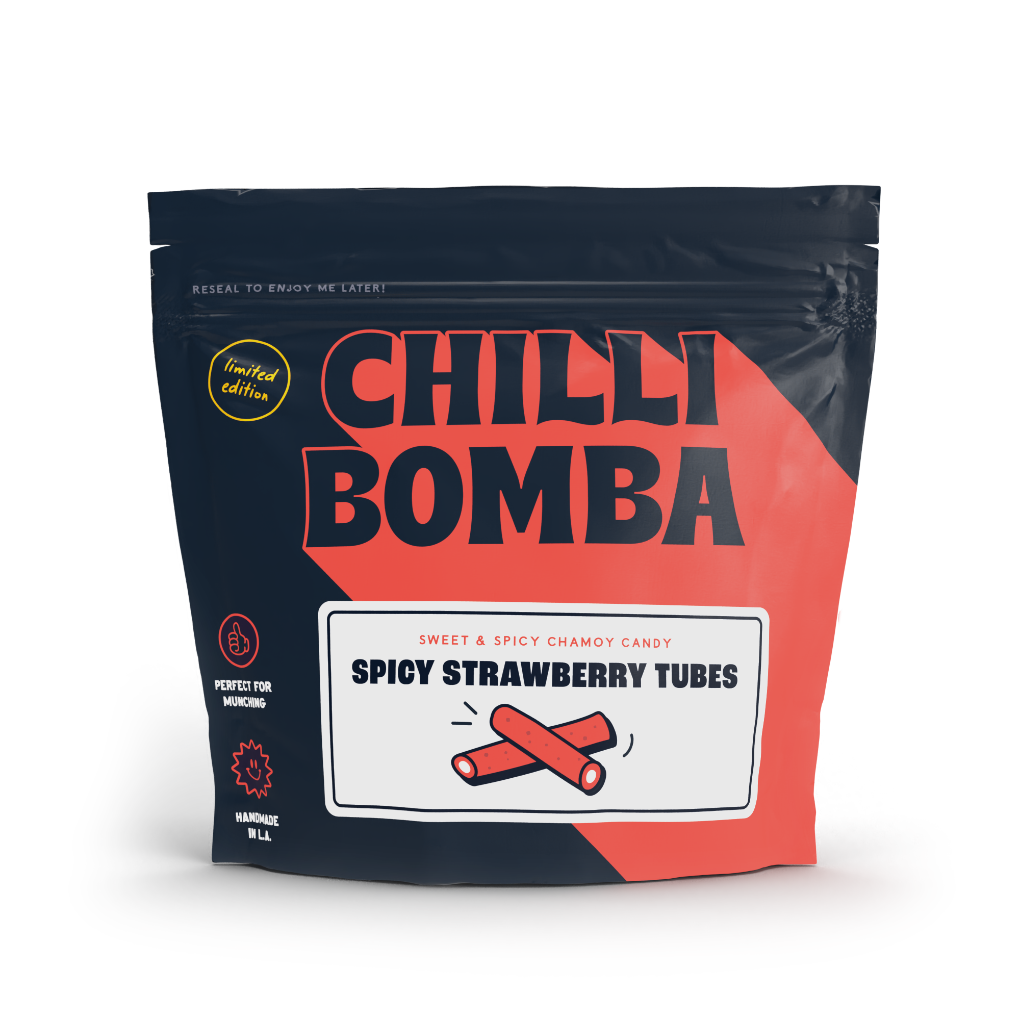 Spicy Strawberry Tubes filled with vanilla and coated in chamoy chili. Sweet, sour, and spicy candy with bold flavor. Made fresh weekly in the USA.