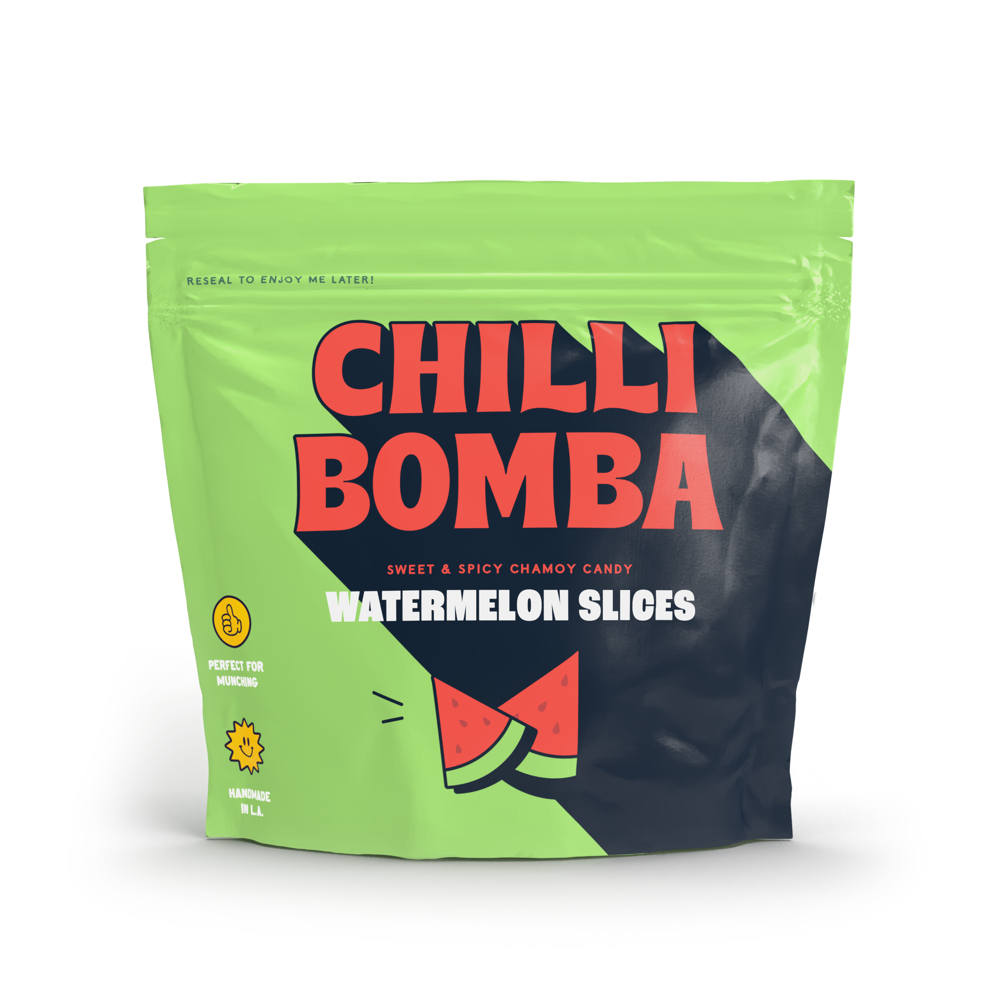 Chilli Bomba Watermelon Chamoy Candy—juicy gummies coated in tangy chamoy and chili. Sweet, sour, and spicy in every bite. Bold flavor made in the USA.