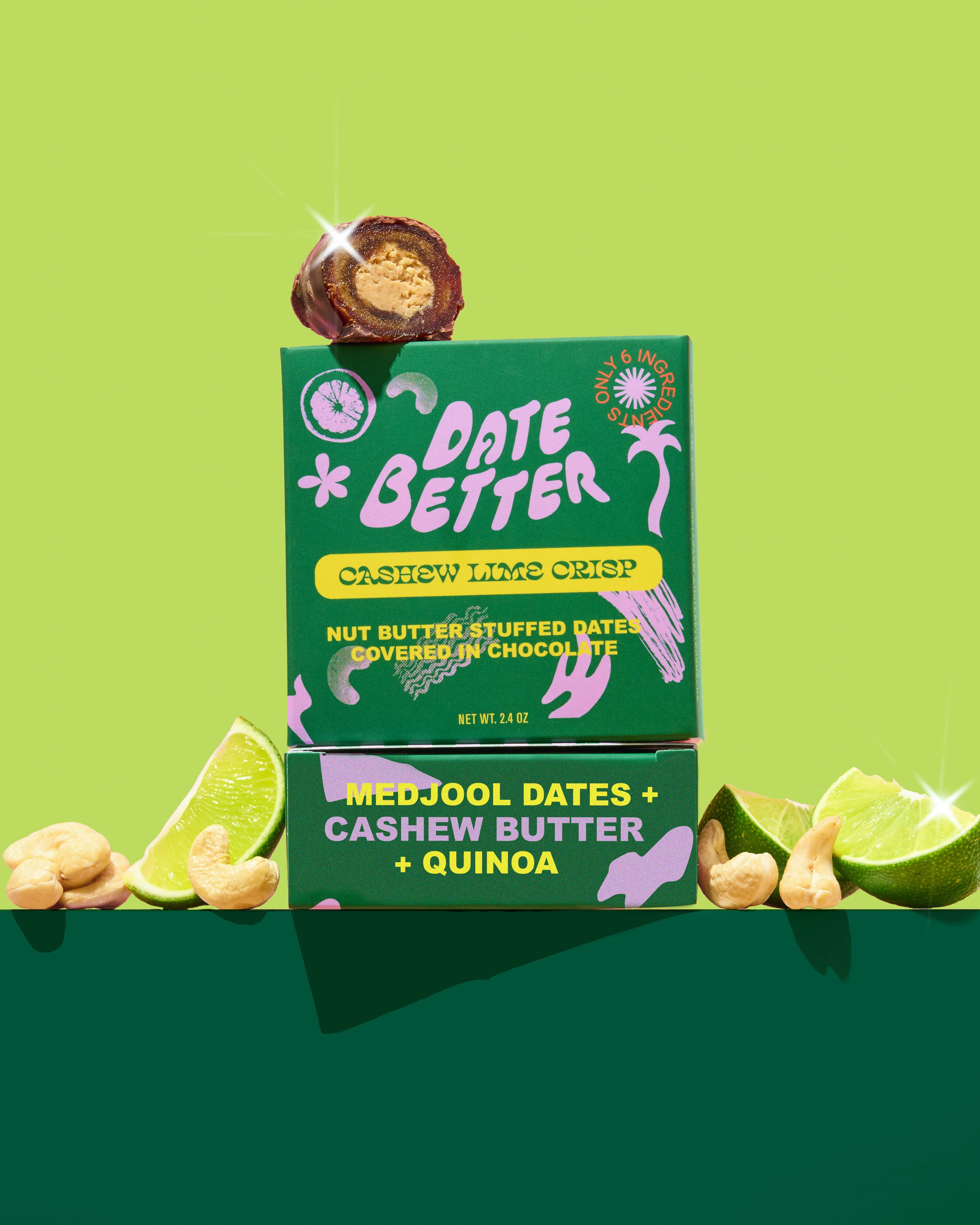 Date Better cashew lime crisp packaging on a green background with ingredients displayed.