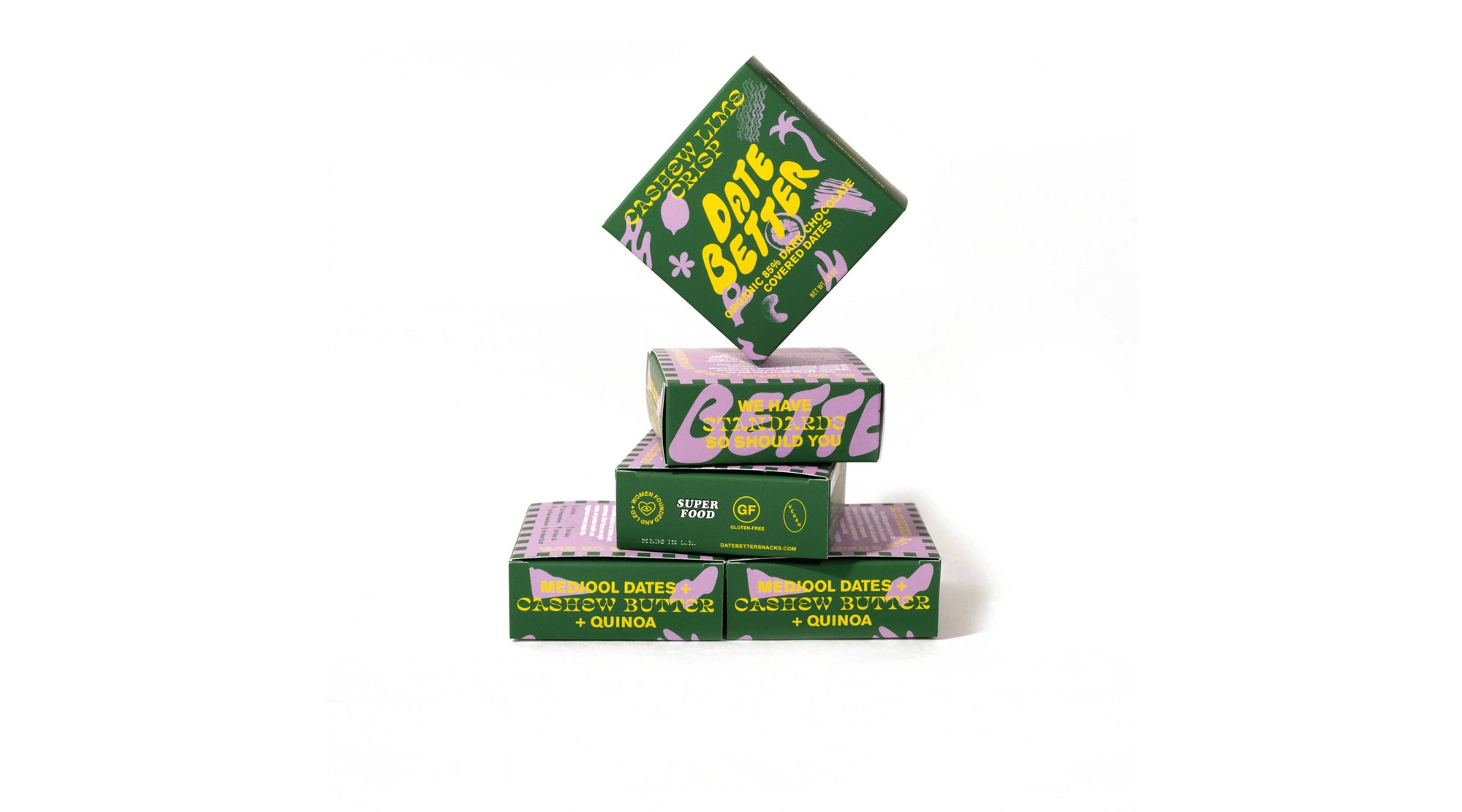 Stack of green and purple boxes with 'Date Better' text on a white background