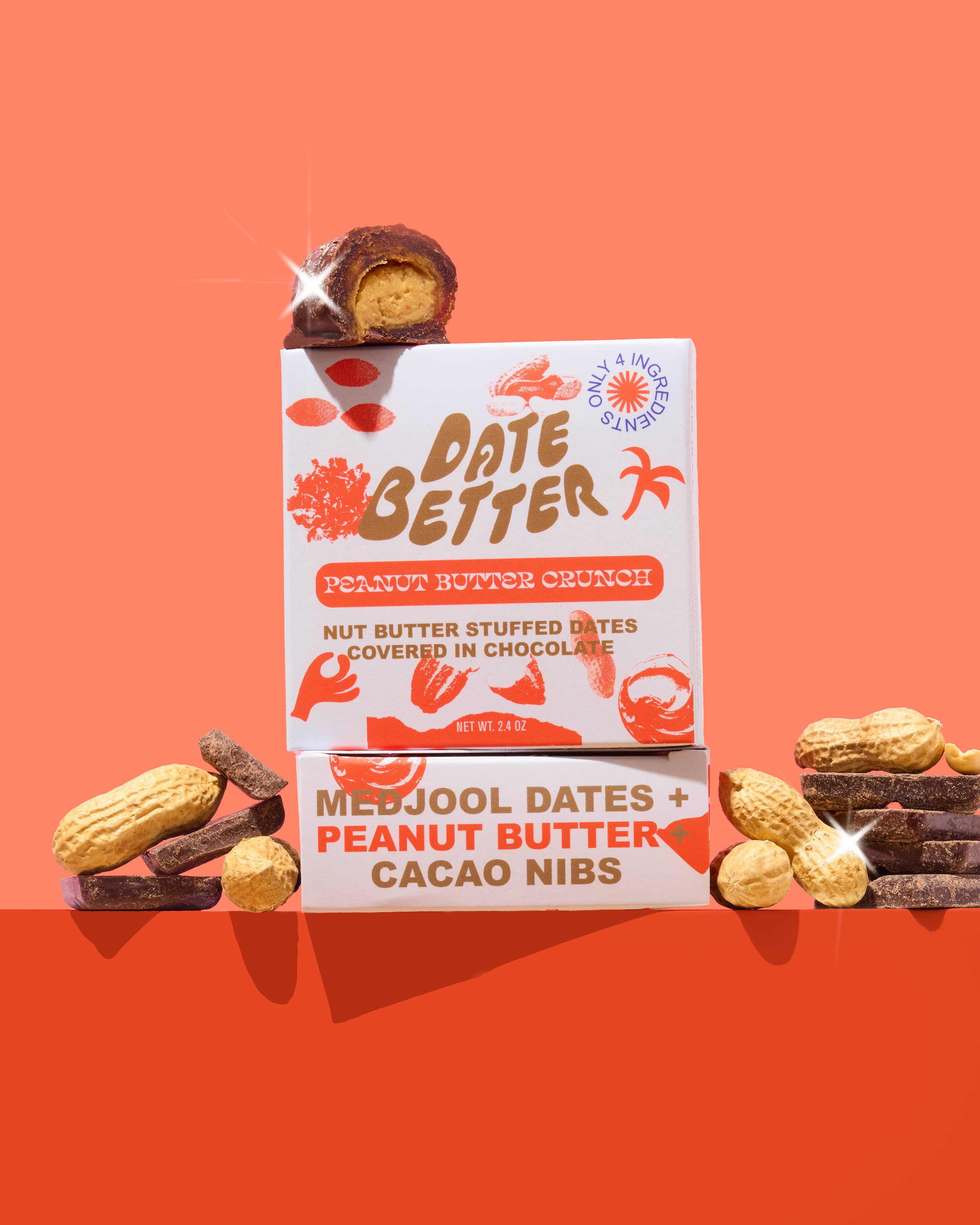 Date Better peanut butter crunch packaging with dates and a cookie on an orange background