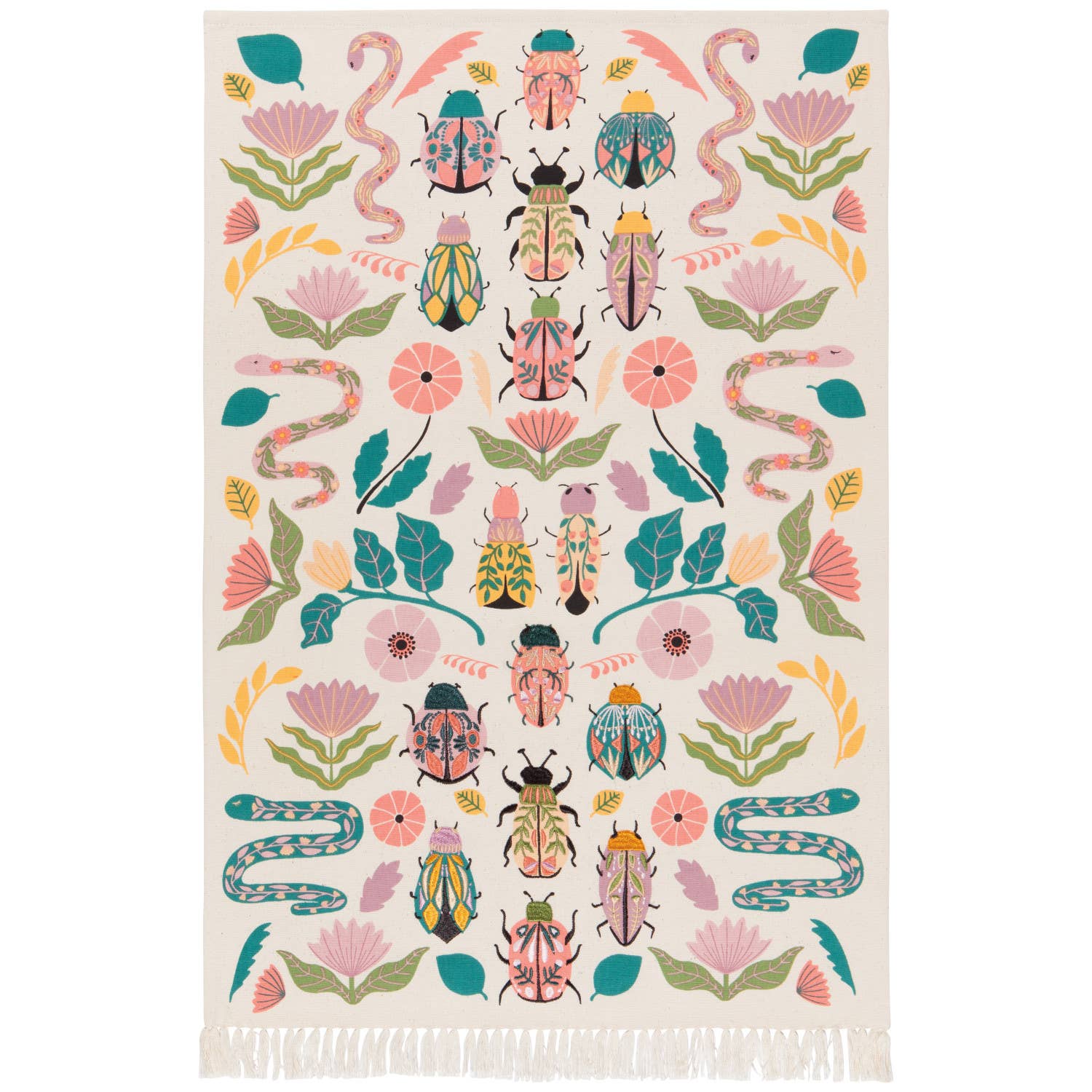Add charm and protection to your kitchen with the Amulet Embroidered Dishtowel. Featuring insects, reptiles, flowers, and feathers in vibrant hues with playful tassels.