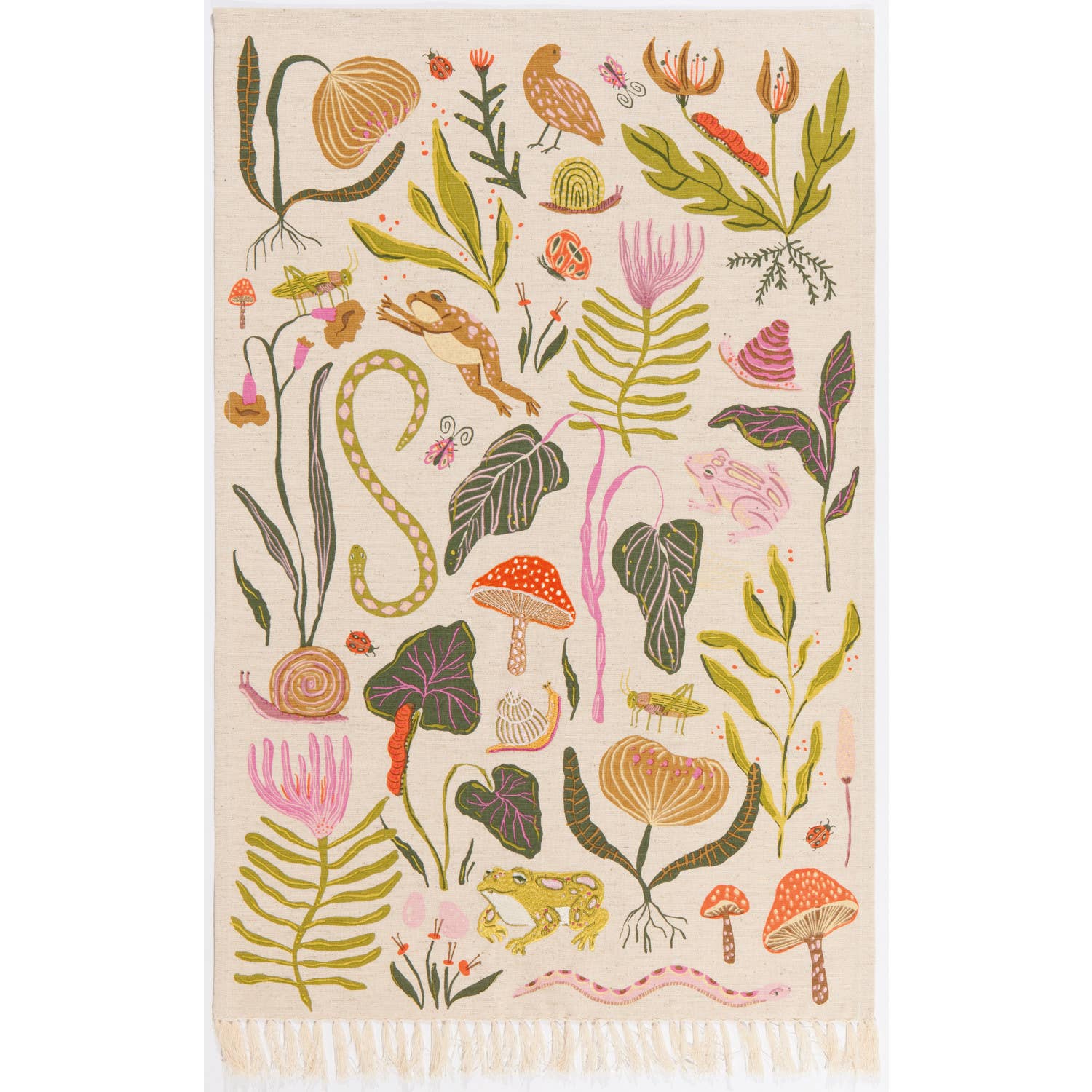 The Gardenland Embroidered Dishtowel features playful tassels and a vibrant design with ferns, flowers, snakes, snails, and frogs, bringing garden life to your kitchen.