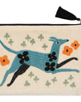Pouch with a blue dog design and flowers on a white background