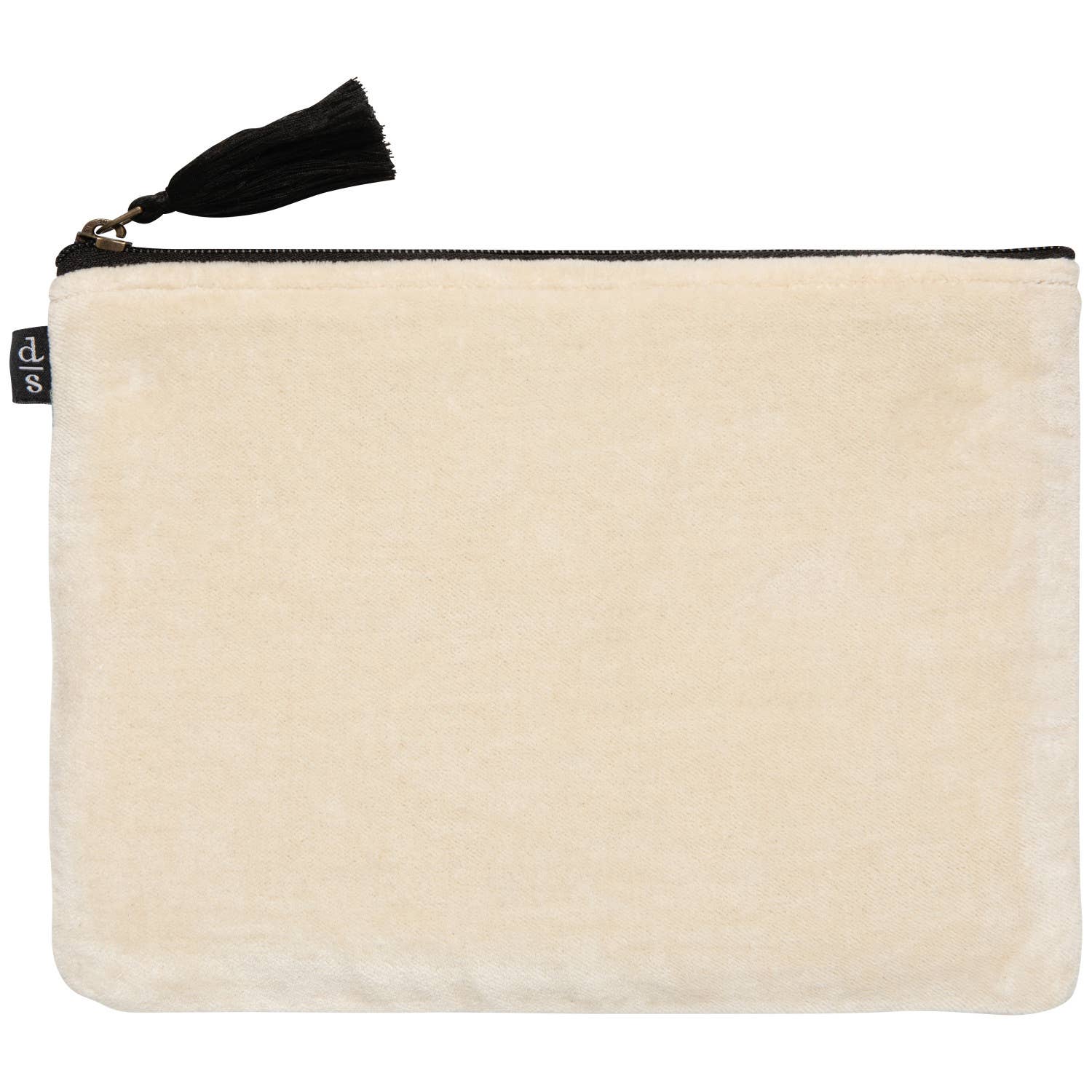 Beige pouch with a black zipper and tassel on a white background