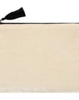 Beige pouch with a black zipper and tassel on a white background