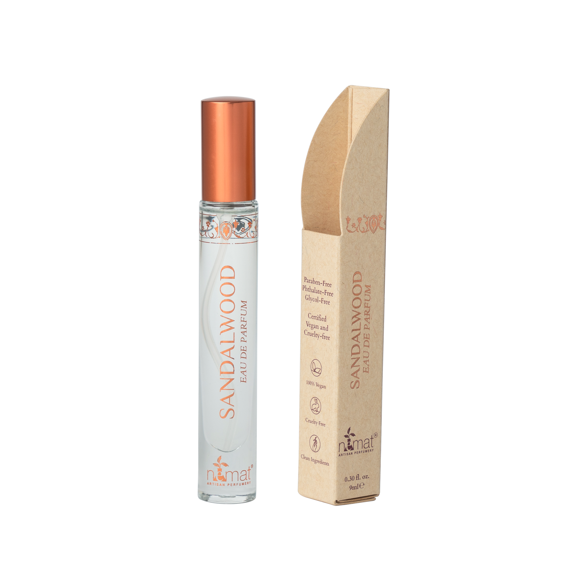 Nemat’s Sandalwood Eau de Parfum blends fresh woods, sandalwood heart, and creamy base notes for a grounding, elegant scent inspired by Indian traditions and sustainably sourced sandalwood.