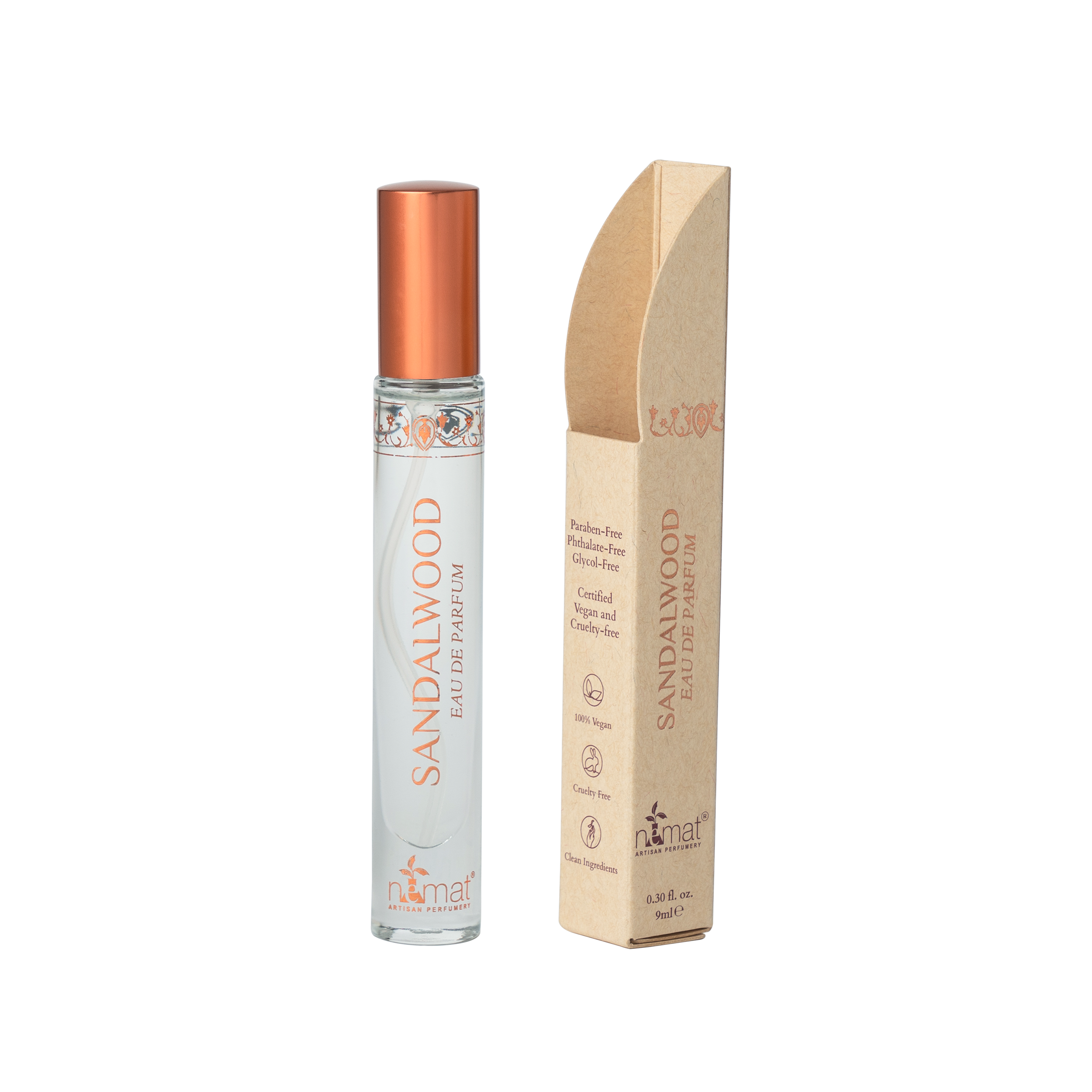 Nemat’s Sandalwood Eau de Parfum blends fresh woods, sandalwood heart, and creamy base notes for a grounding, elegant scent inspired by Indian traditions and sustainably sourced sandalwood.