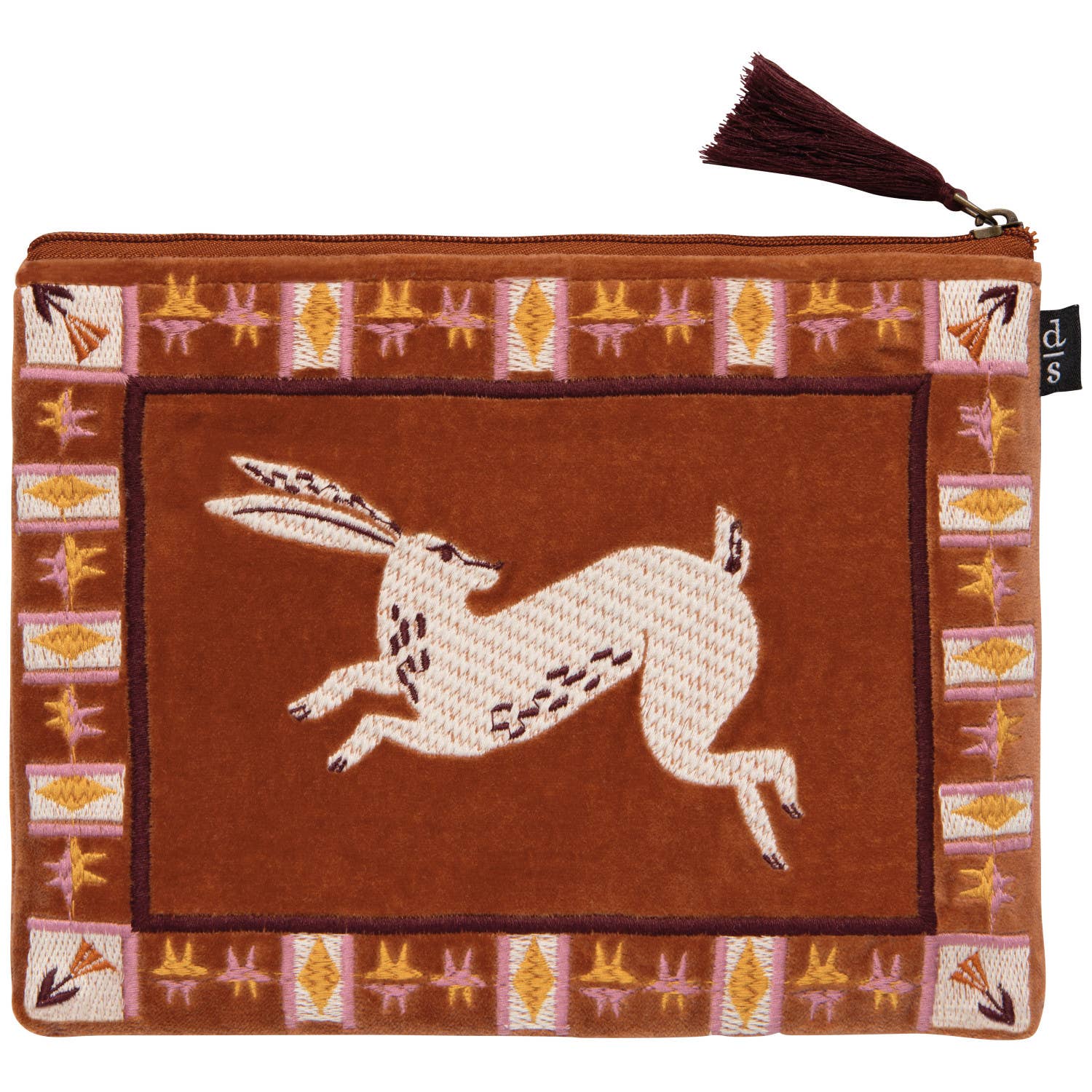 Tucked in a tote or at hand on the vanity, this pouch with embroidered design and tassel detail give everyday routines a beautiful boost. Detailed borders outline this creature's story with an intricate, tile-like frame. Follow the hare into a land where imagination wanders and worldly wisdom is shared through tales as old as time with this design from the Folktale Collection.