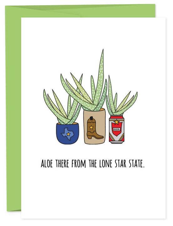 Card with illustrations of aloe plants in pots with Texas, boot, and chili pepper designs on a white background.