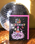 Card with cat illustration and 'All the Birthday Feels' text in front of a disco ball.