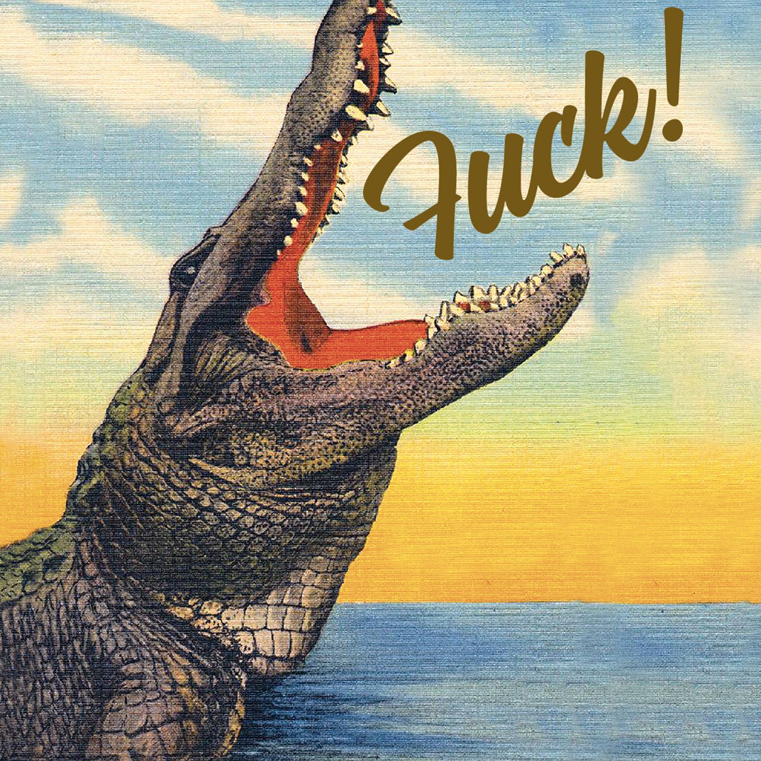 Crocodile with open mouth and 'F**k!' text against a sunset sky