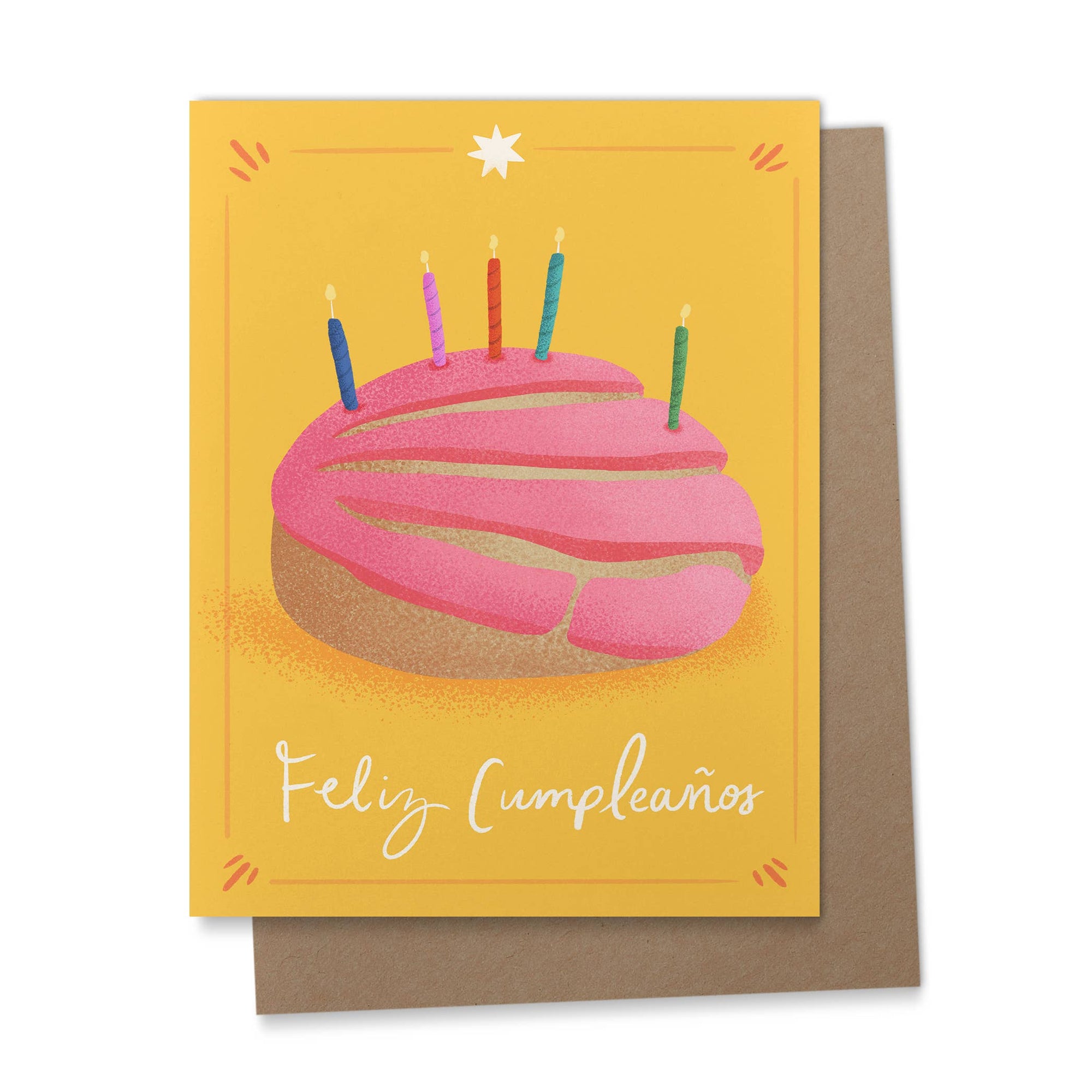 This colorful birthday card features a perfect pink concha adorned with birthday candles. Celebrate Hispanic Heritage Month with Ana Peake's Spanish Greeting Cards, adorned with stunning Mexican Folk Art Inspired Illustrations! These beautifully designed cards, perfect for honoring Hispanic heritage and spreading joy on special occasions.