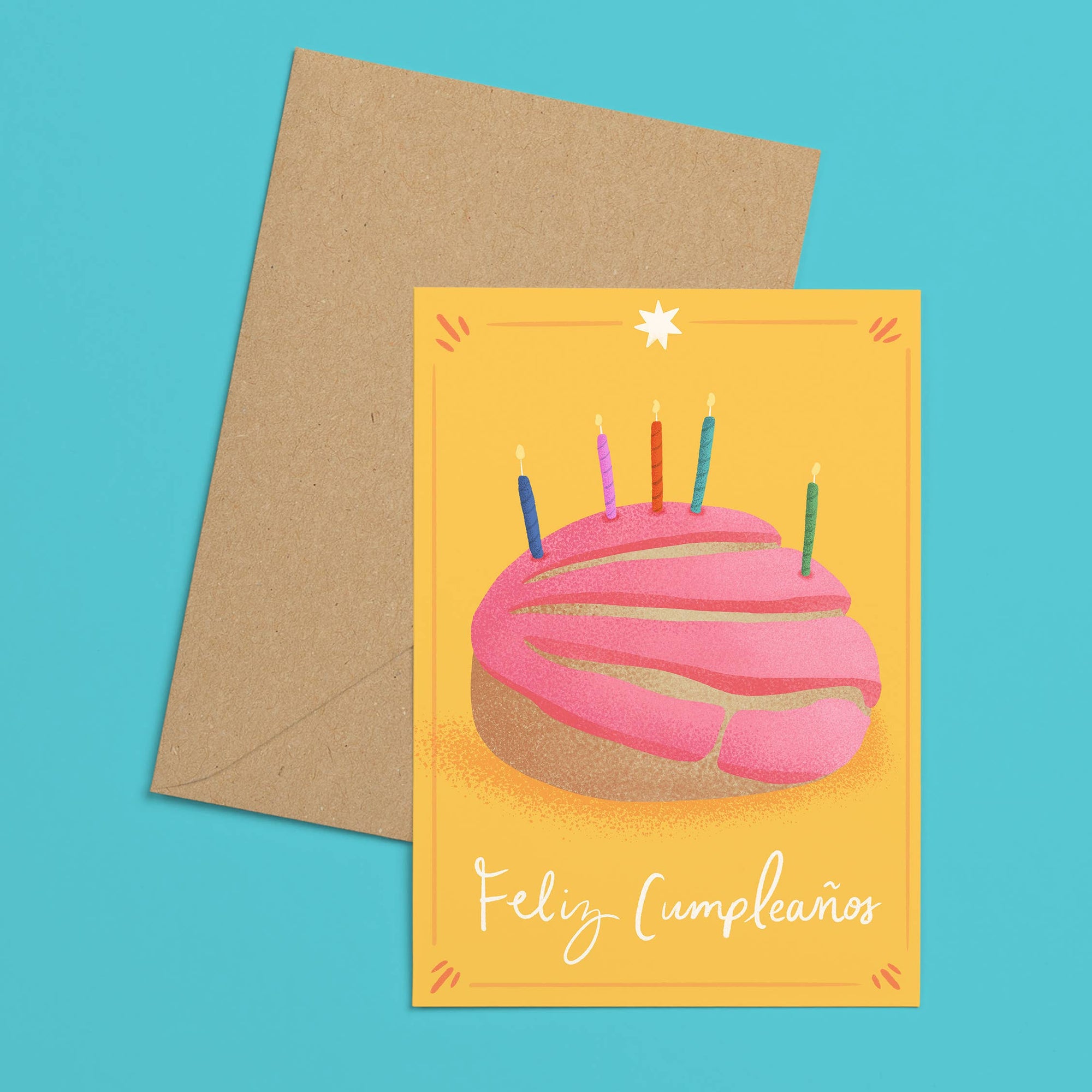 This colorful birthday card features a perfect pink concha adorned with birthday candles. Celebrate Hispanic Heritage Month with Ana Peake's Spanish Greeting Cards, adorned with stunning Mexican Folk Art Inspired Illustrations! These beautifully designed cards, perfect for honoring Hispanic heritage and spreading joy on special occasions.