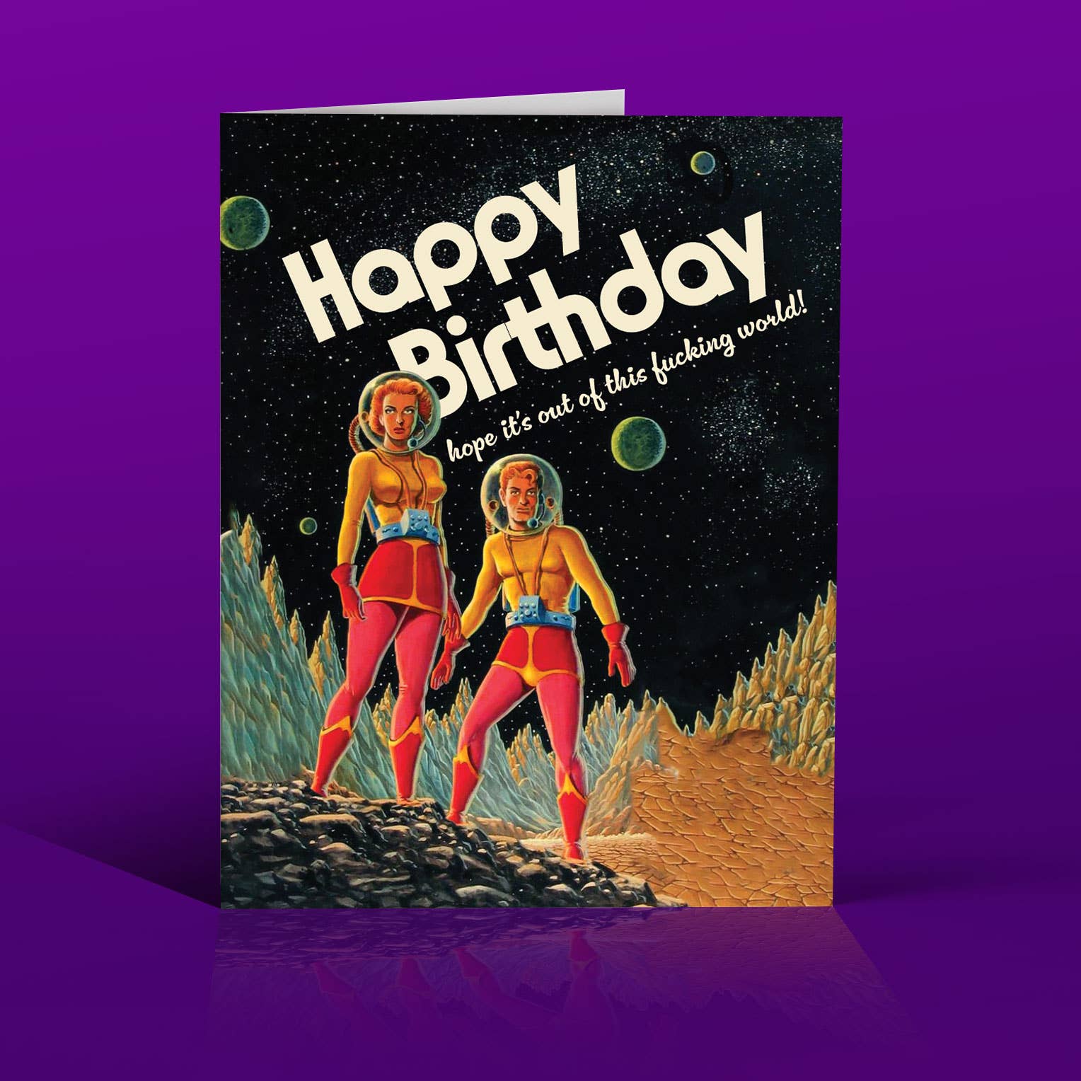 Birthday card with retro-style illustration of two astronauts on a purple background