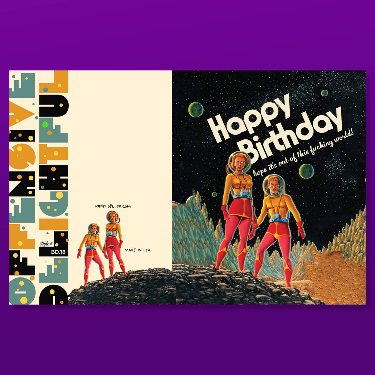 Two greeting cards with retro astronaut designs on a purple background.
