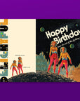 Two greeting cards with retro astronaut designs on a purple background.