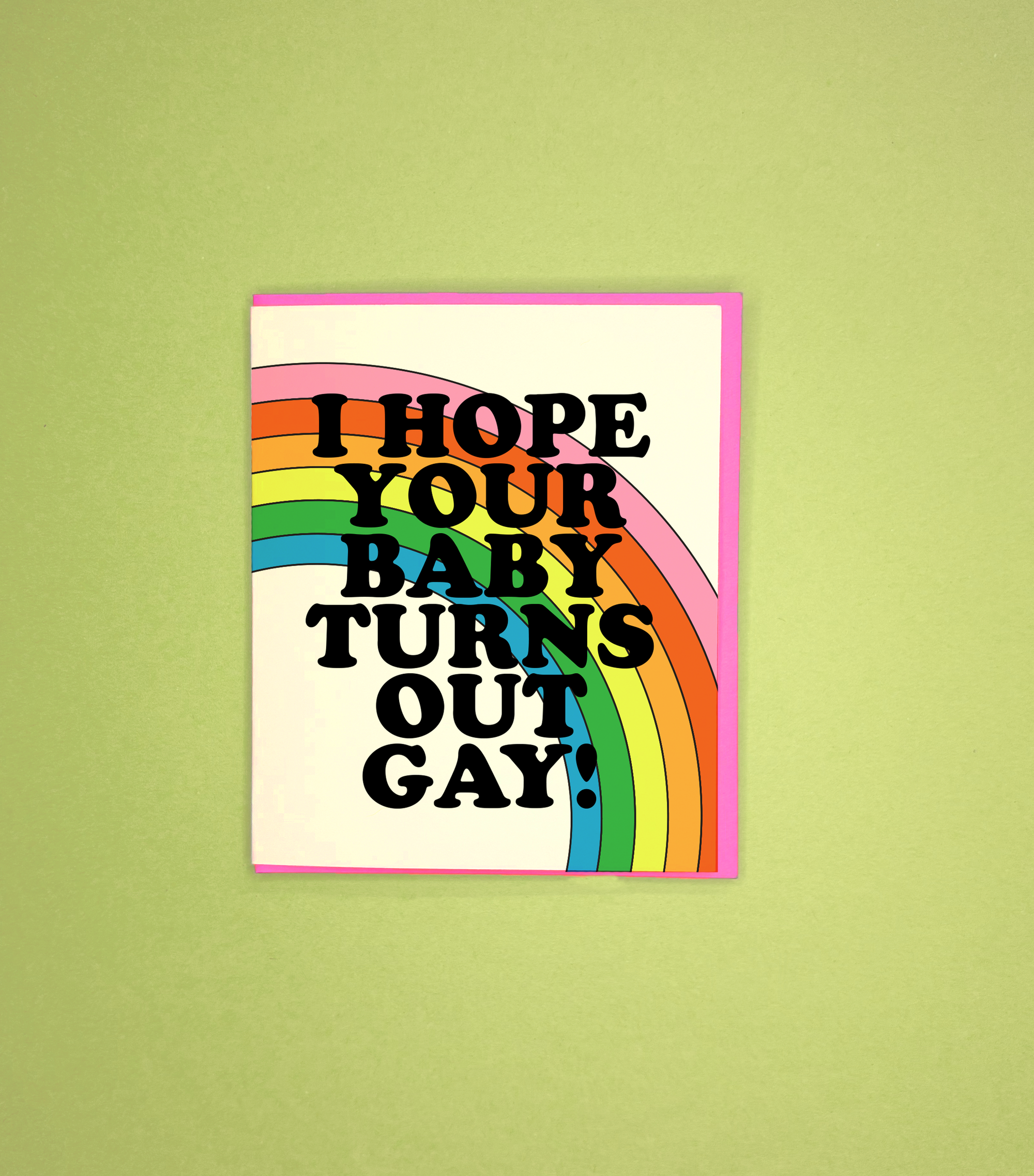 Card with rainbow design and text on a green background