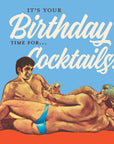 Two men lounging on a beach with text 'It's your birthday time for cocktails!' on a blue and orange background.