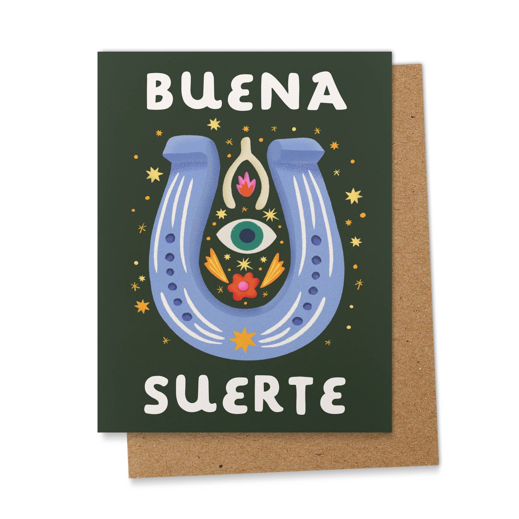 Ana Peake presents Spanish Greeting Cards to convey good luck! Sized A2,&nbsp; these cards are crafted from uncoated paper and feature a blank interior for personalized messages. Each card comes complete with a Kraft Brown Envelope and Plastic Sleeve for protection. Made in the U.S.A., these cards embody quality and cultural expression, making them perfect for various occasions.
