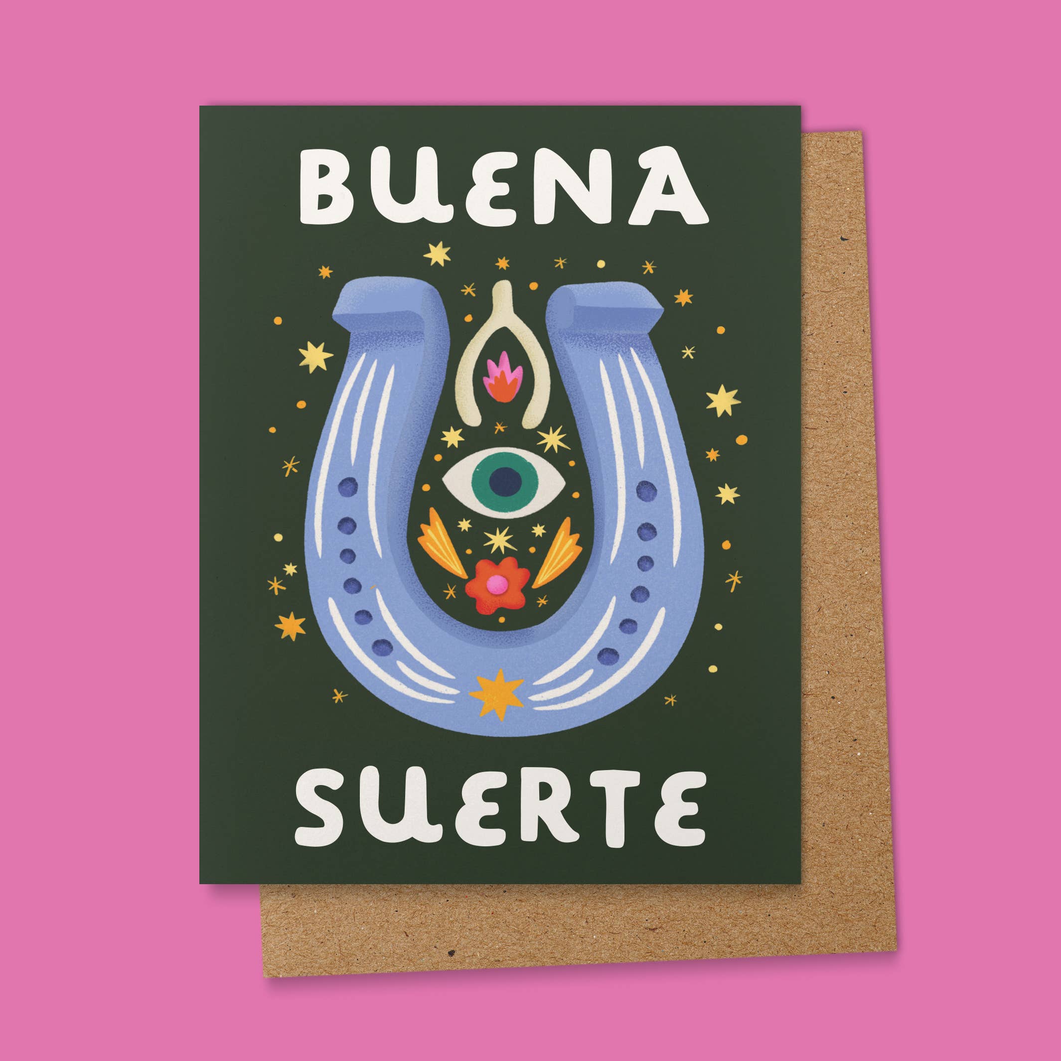 Ana Peake presents Spanish Greeting Cards to convey good luck! Sized A2,&nbsp; these cards are crafted from uncoated paper and feature a blank interior for personalized messages. Each card comes complete with a Kraft Brown Envelope and Plastic Sleeve for protection. Made in the U.S.A., these cards embody quality and cultural expression, making them perfect for various occasions.