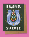 Ana Peake presents Spanish Greeting Cards to convey good luck! Sized A2,&nbsp; these cards are crafted from uncoated paper and feature a blank interior for personalized messages. Each card comes complete with a Kraft Brown Envelope and Plastic Sleeve for protection. Made in the U.S.A., these cards embody quality and cultural expression, making them perfect for various occasions.