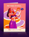 Card with a stylized illustration of a woman holding crystals against a purple background