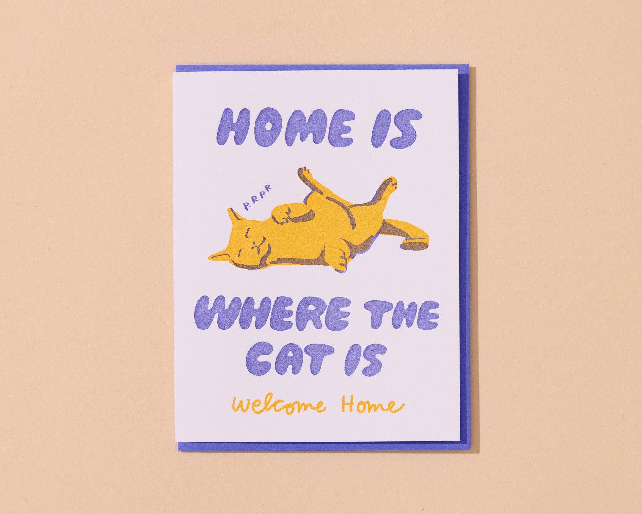 Card with a cat illustration and text on a beige background