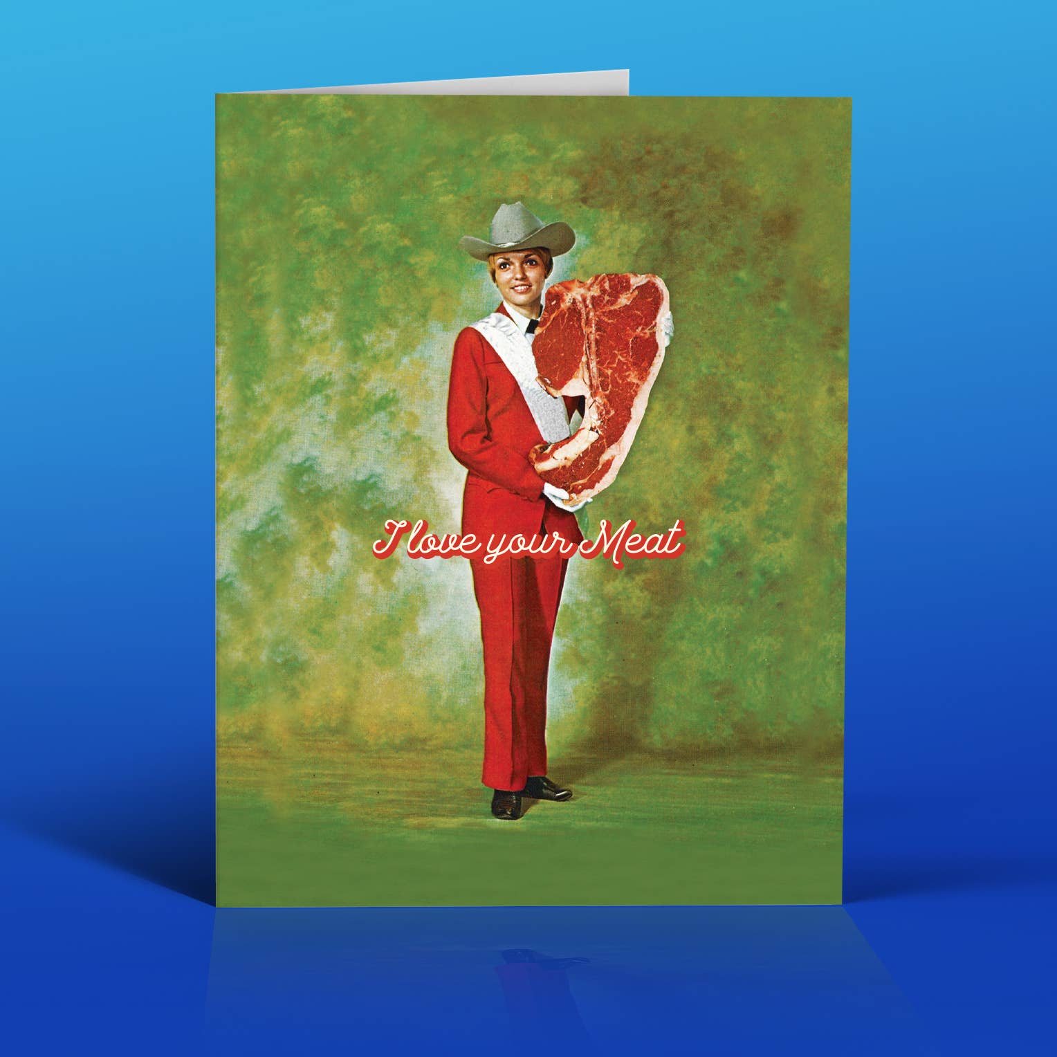 Card with a person in a red suit holding a large steak against a textured green background.