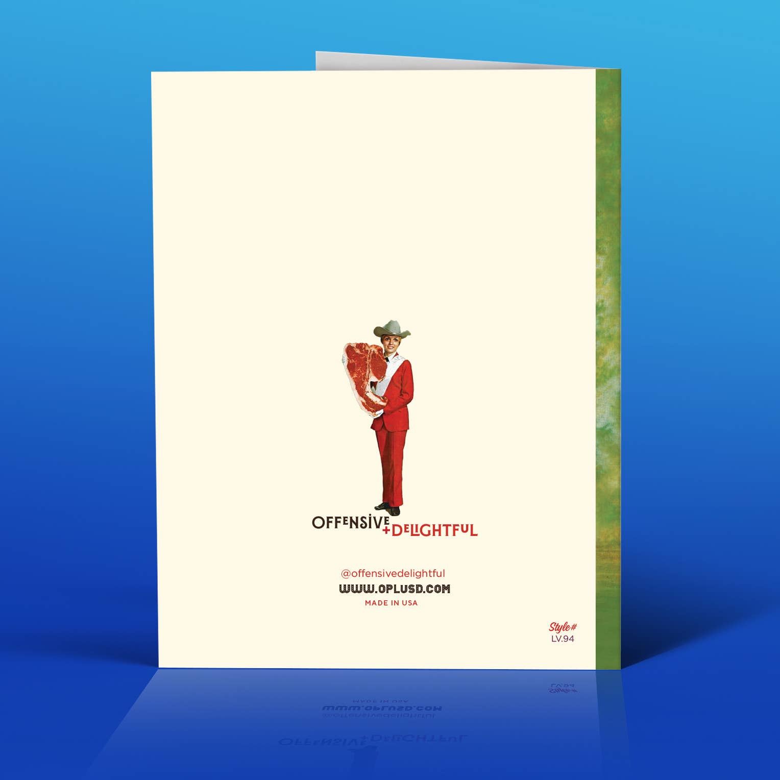 Greeting card with a cowboy holding a horse on a blue background