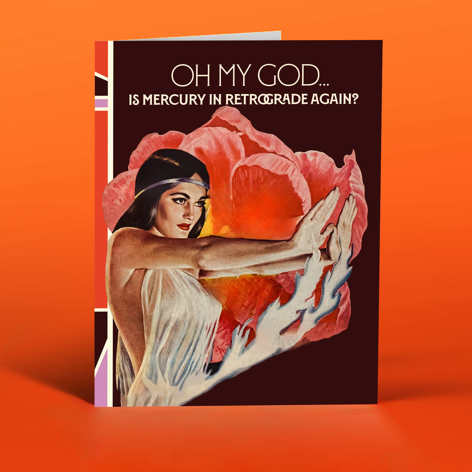 Greeting card with a woman holding a large pink flower against an orange background