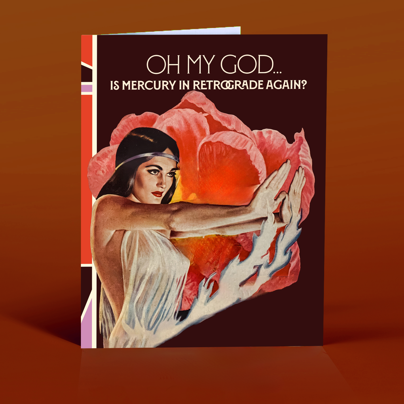 Card with illustration of a woman holding a large red flower and text about Mercury in retrograde.