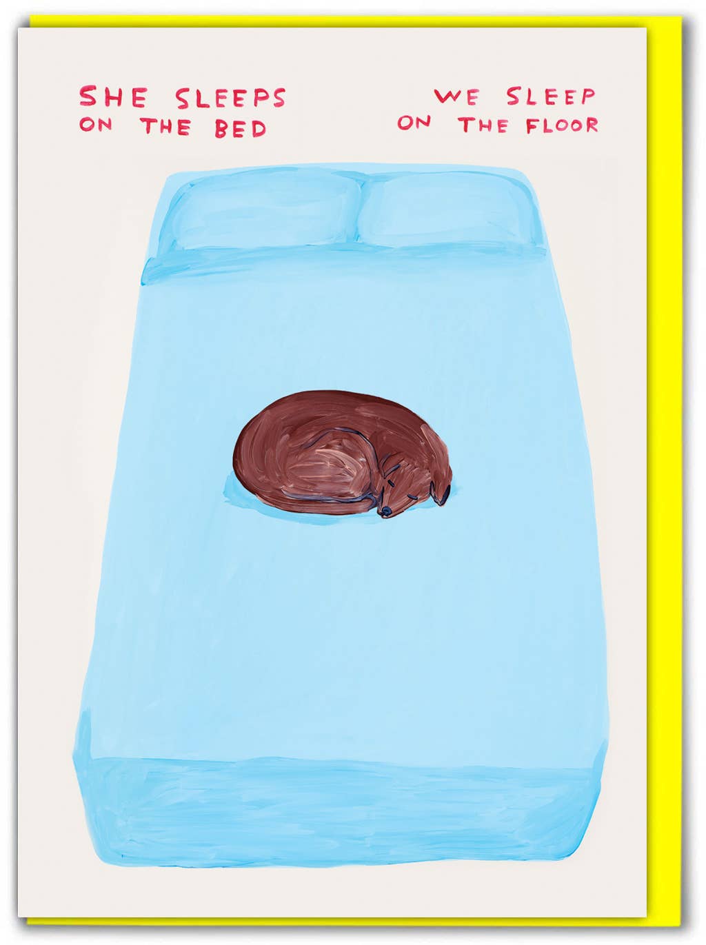 Celebrate the true boss of the house with the Sleep On The Bed Greeting Card, featuring the hilarious artwork of David Shrigley. Perfect for dog lovers, birthdays, or just a little everyday humor, this card is blank inside so you can add your own message—or let the art do the talking.