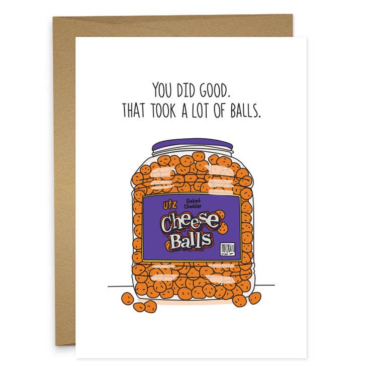 Card with a jar of Cheese Balls and humorous text on a white background