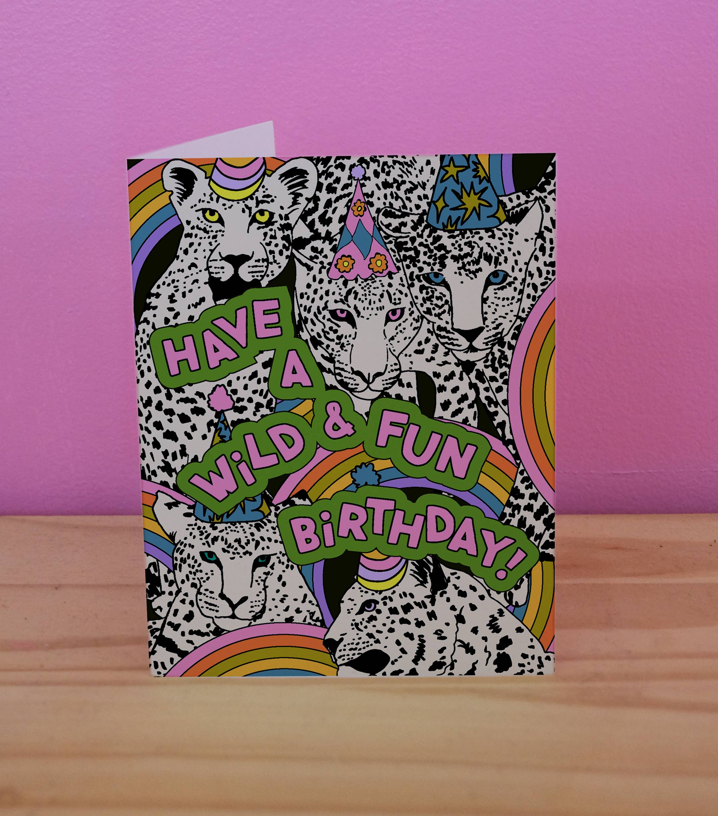 Card with leopards and birthday message on a pink background