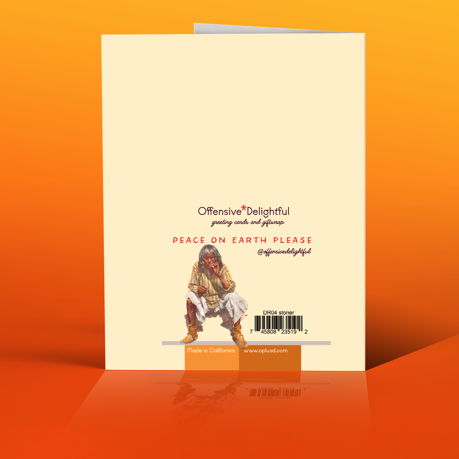 Greeting card with a character and 'Offensive Delightful' branding on an orange background