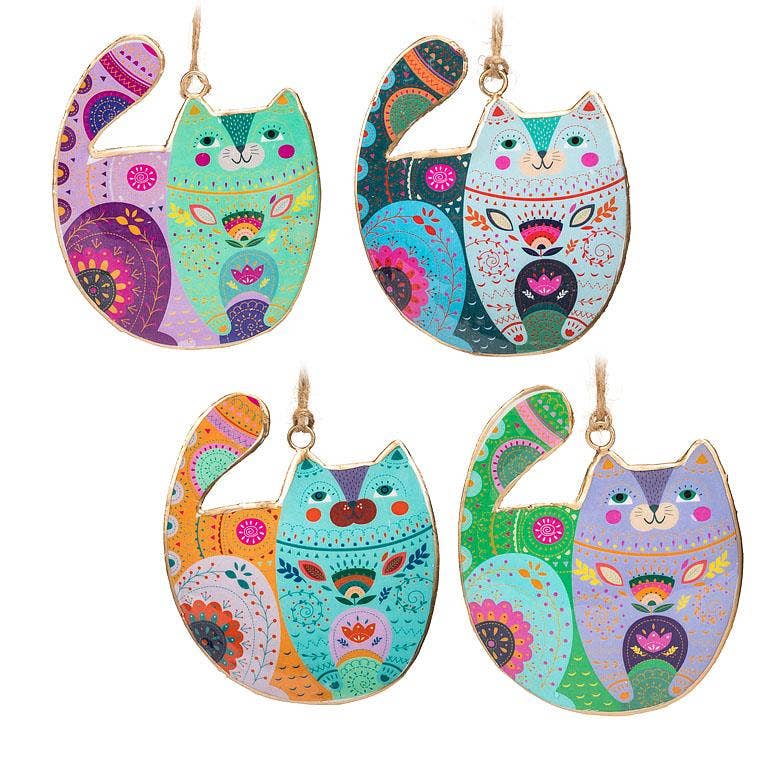 Anyone who loves cats and colour will absolutely adore these eye-catching Groovy Cat Ornaments. Available in four assorted styles, these double-sided metal ornaments are each imprinted with a uniquely illustrated cat accented with vibrant colors and decorative patterns for a delightful decorative addition to any space.