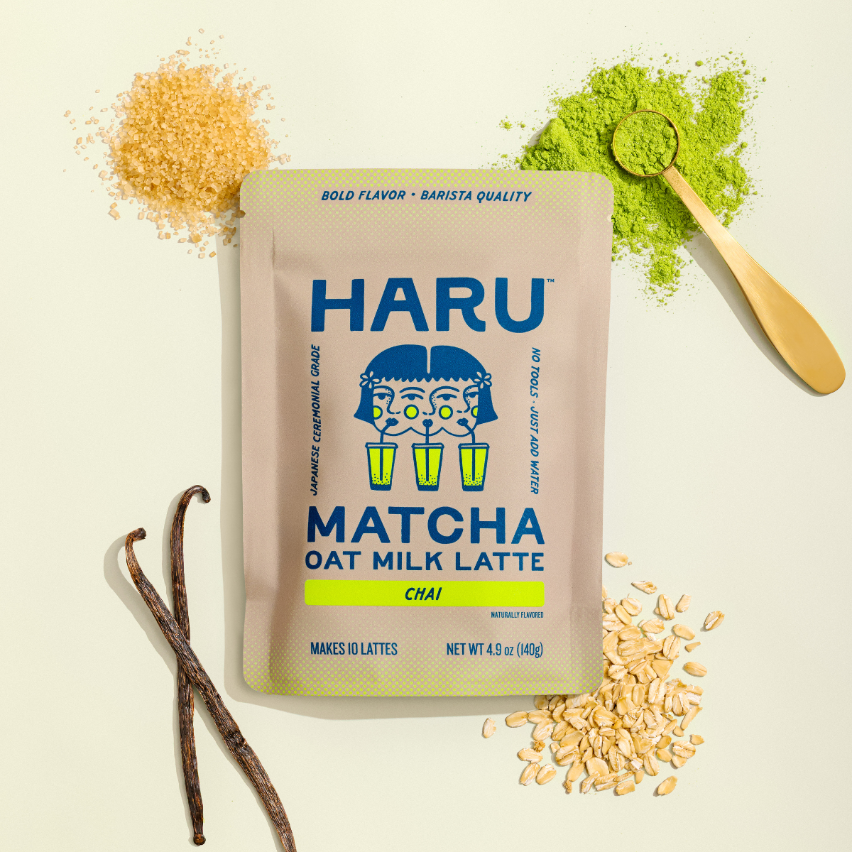 Haru Matcha Oat Milk Latte package with matcha powder, oats, and vanilla beans on a light background