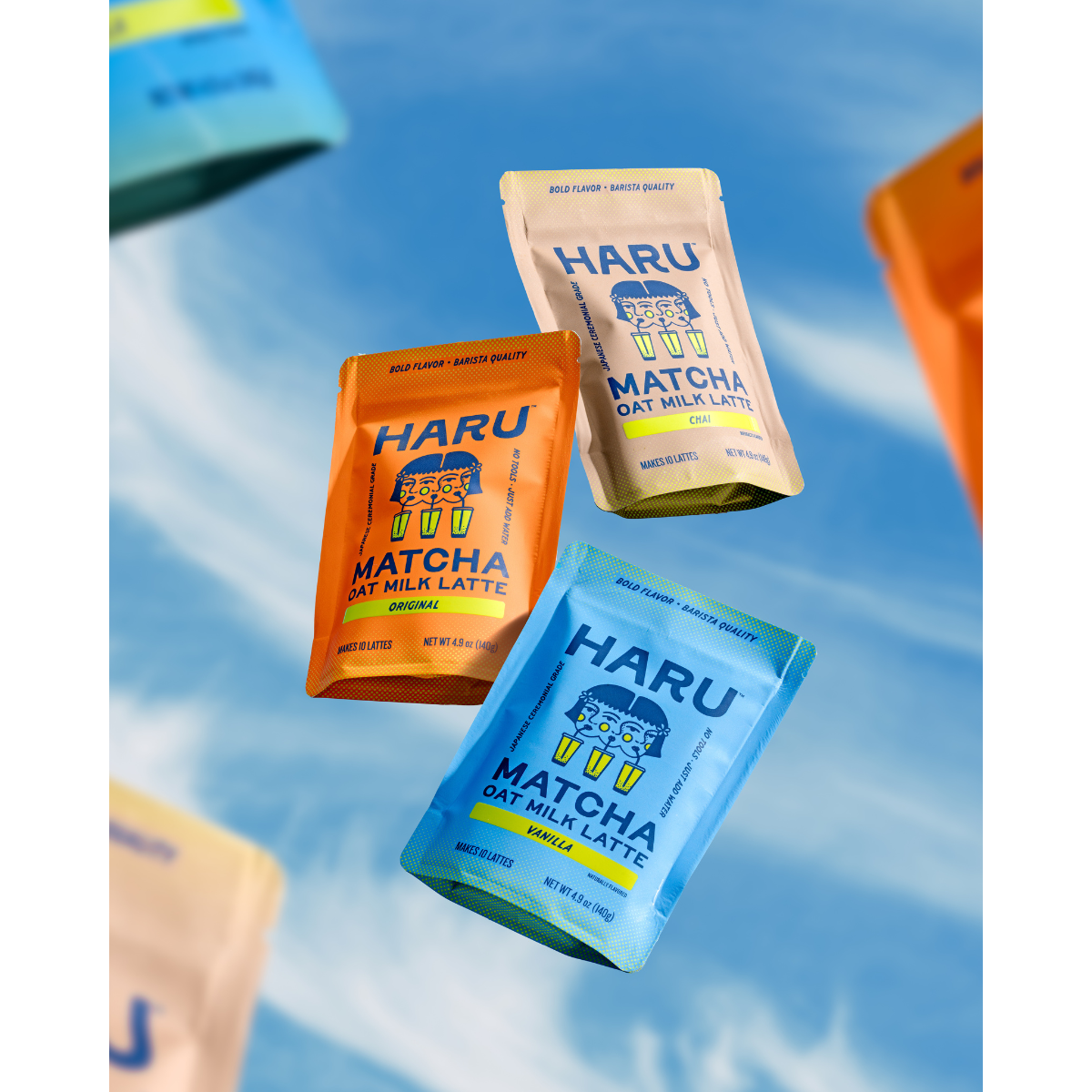 Three packages of HARU Matcha Oat Milk Latte on a blue background