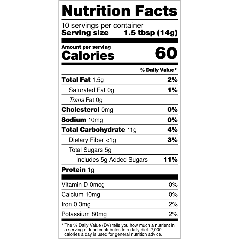 Nutrition facts label for a food product with serving size, calories, and nutritional content details.