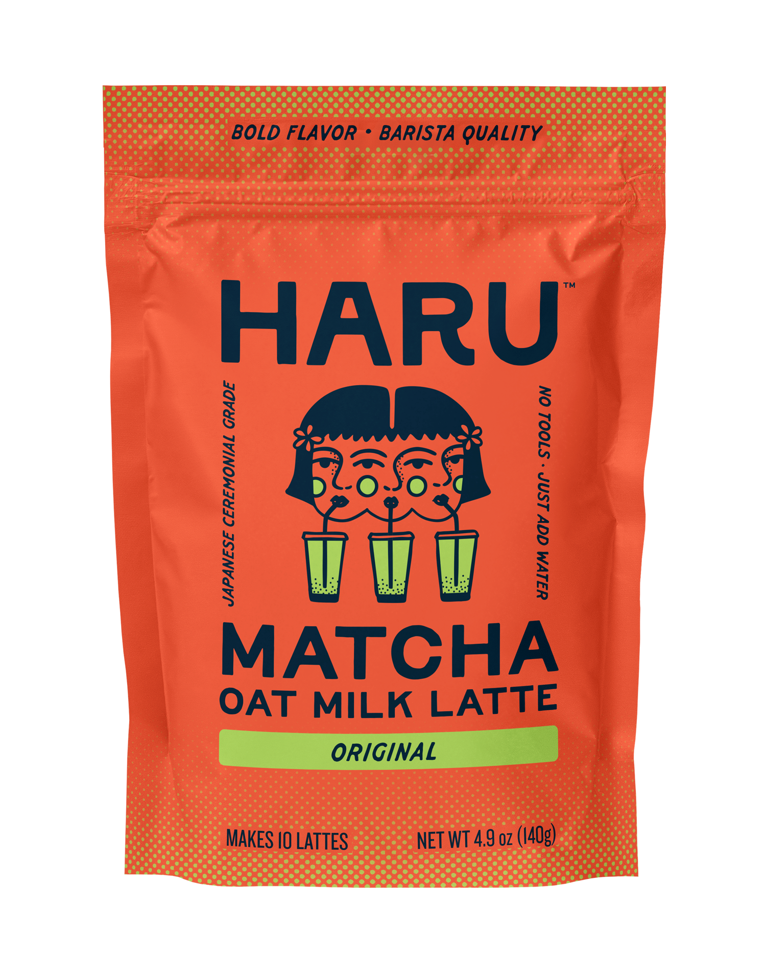 Orange package of Haru Matcha Oat Milk Latte with branding and product details.