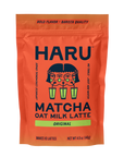Orange package of Haru Matcha Oat Milk Latte with branding and product details.