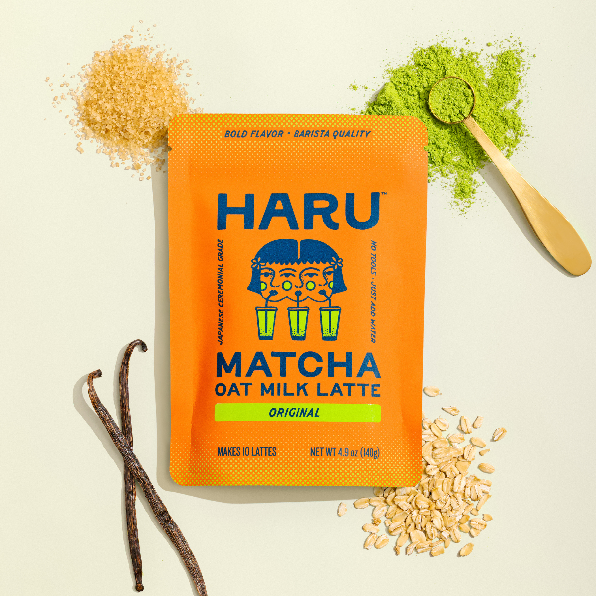 Haru Matcha Oat Milk Latte package with matcha powder, oats, and vanilla beans on a beige background