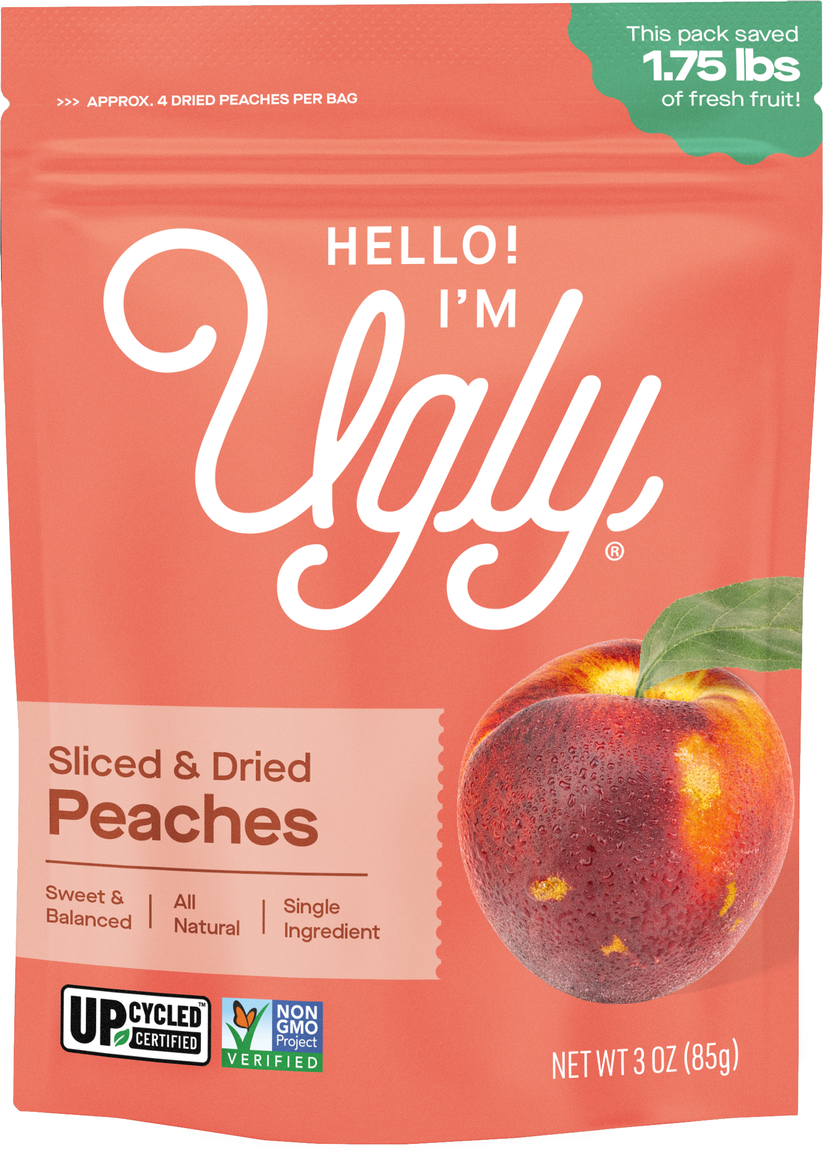 All-natural dried peaches made from "ugly" California fruit. No sugar, no additives—just sweet, single-ingredient slices that help fight food waste.