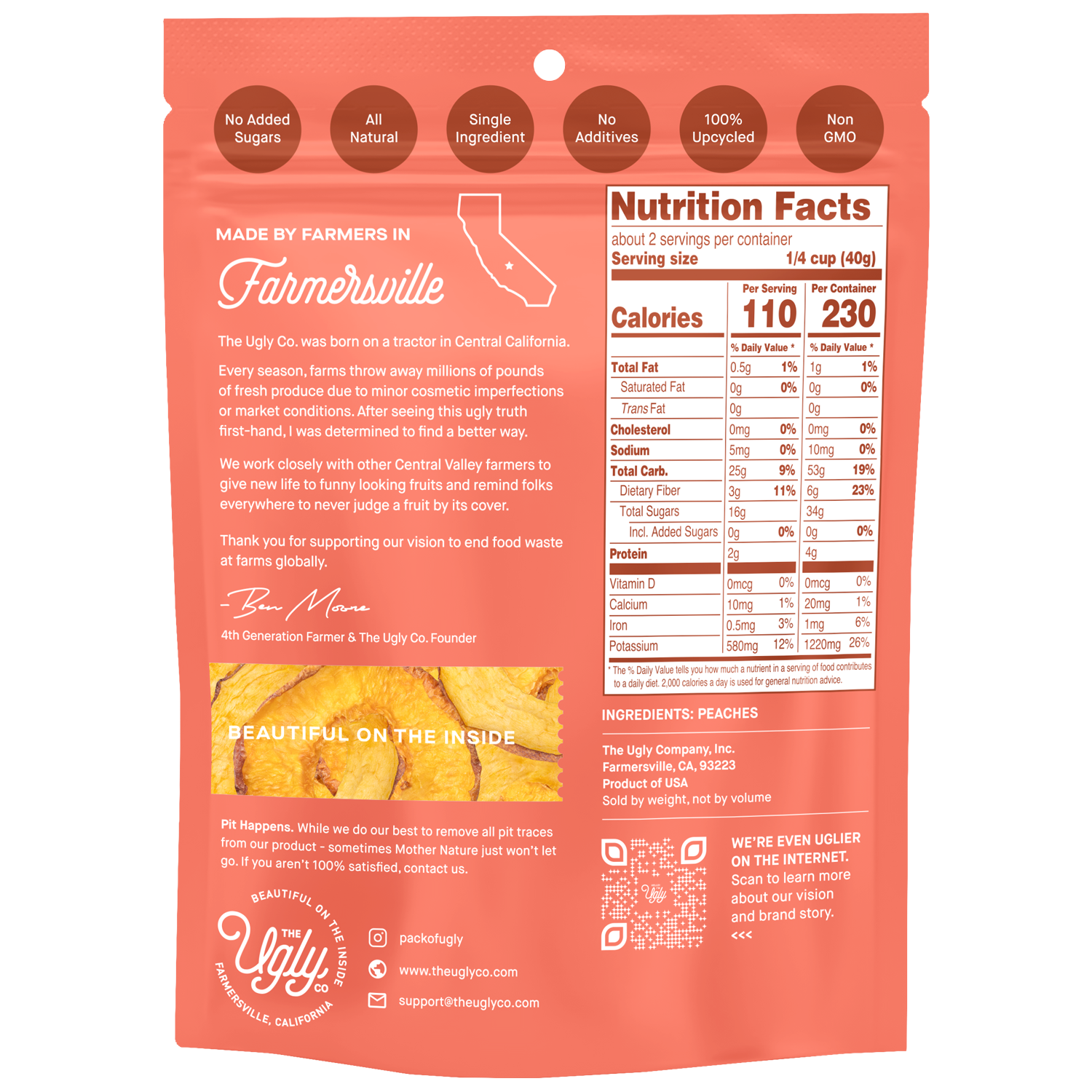 All-natural dried peaches made from "ugly" California fruit. No sugar, no additives—just sweet, single-ingredient slices that help fight food waste.