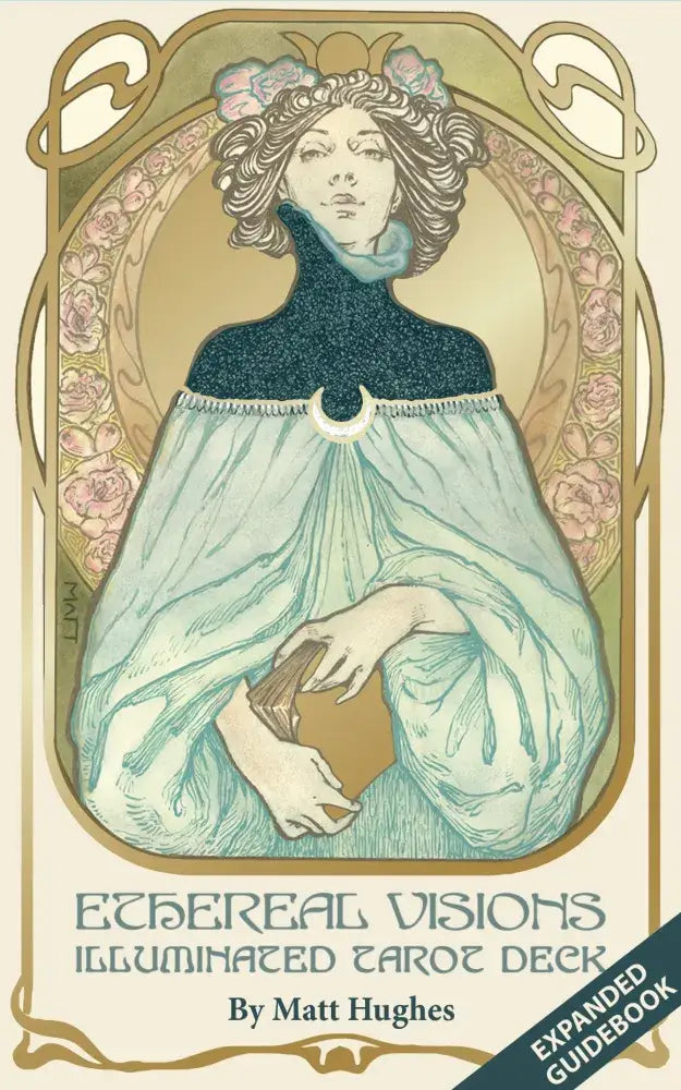 Ethereal Visions Tarot by Matt Hughes. 80 gold foil art nouveau tarot cards, 2 bonus Major Arcana & 140-page guidebook. Collector's tarot deck.