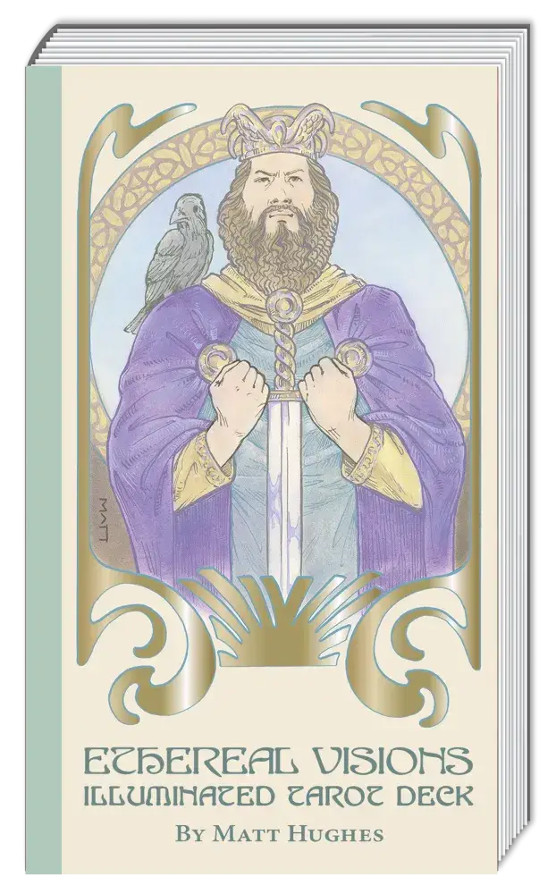 Ethereal Visions Tarot by Matt Hughes. 80 gold foil art nouveau tarot cards, 2 bonus Major Arcana &amp; 140-page guidebook. Collector's tarot deck.