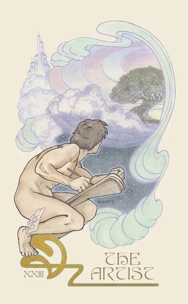 Ethereal Visions Tarot by Matt Hughes. 80 gold foil art nouveau tarot cards, 2 bonus Major Arcana & 140-page guidebook. Collector's tarot deck.