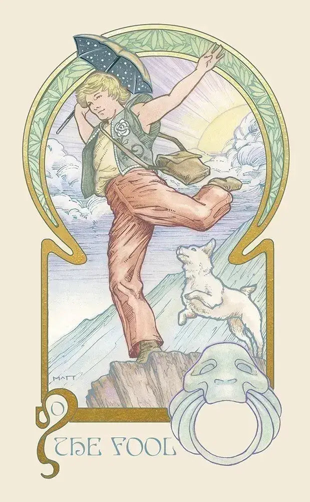Ethereal Visions Tarot by Matt Hughes. 80 gold foil art nouveau tarot cards, 2 bonus Major Arcana & 140-page guidebook. Collector's tarot deck.